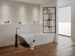 Shower & Design Mampara De Bañera|Mampara de baño giratoria de vidrio y metal con estilo industrial, An.70 x Alt. 140 cm, RIVANON