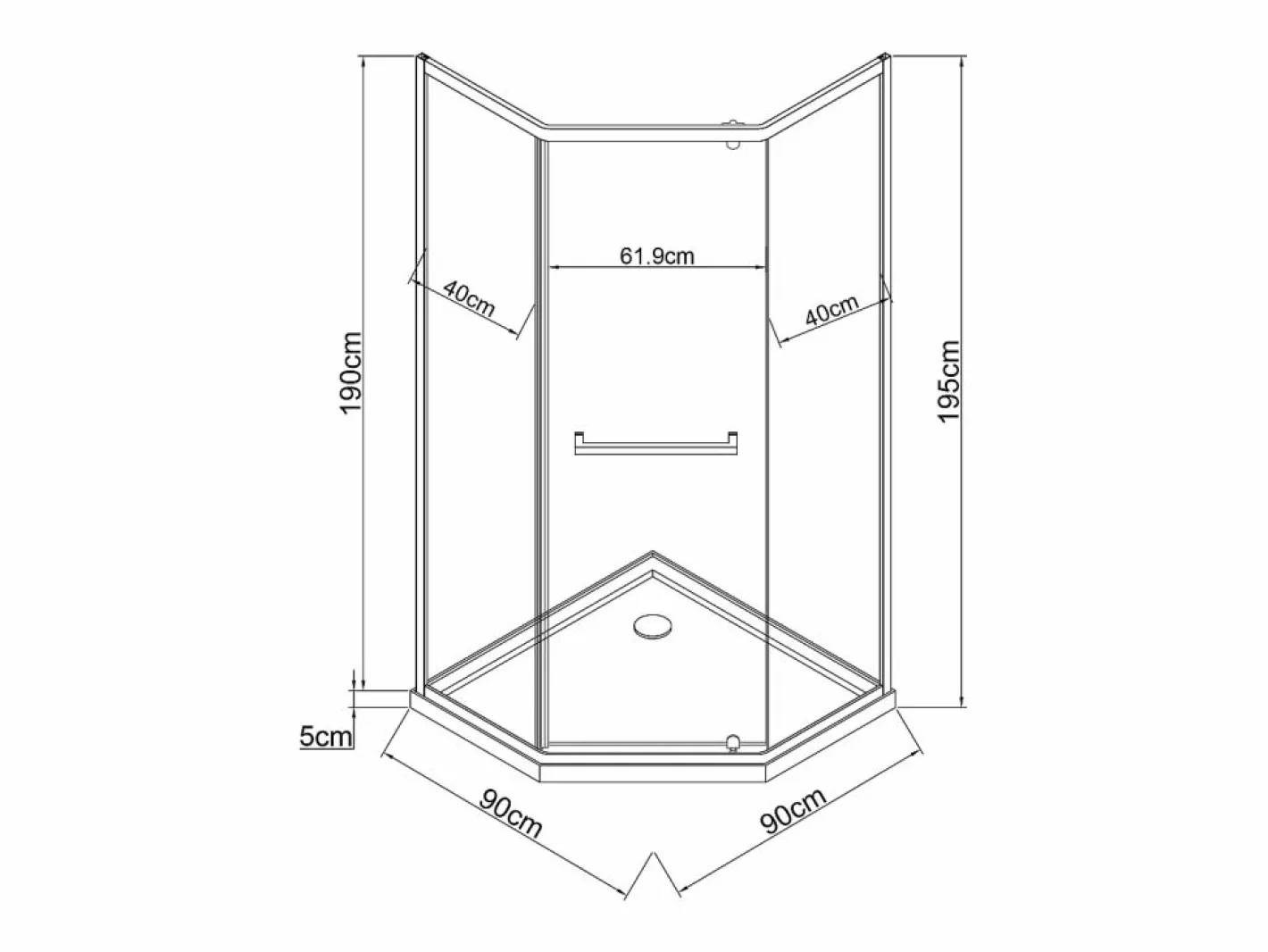 Mampara de ducha pentagonal con plato, mate, 90 x 90 x 195 cm CRISTELIO^Shower & Design