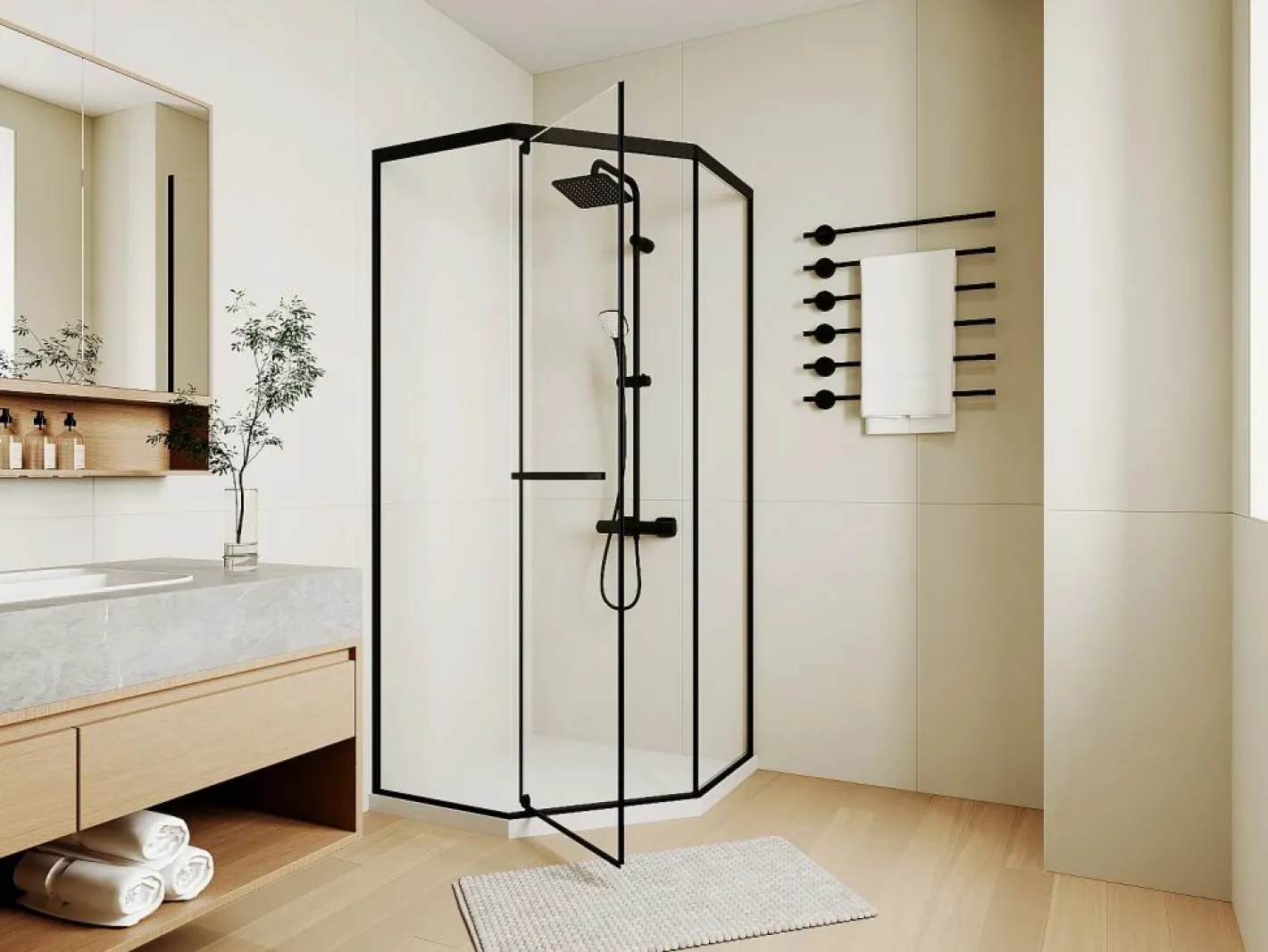 Shower & Design Mampara de ducha pentagonal con plato, mate, 80 x 80 x 195 cm CRISTELIO Negro Clearance
