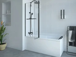 Shower & Design Mampara para bañera con toallero y retorno pivotante mate, 100 x 140 cm, PRIMAEL Negro Clearance