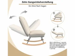 Mecedora - Patas de madera - Respaldo ajustable en 12 posiciones - Tejido técnico - Para salón y dormitorio - Beige^
