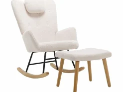 ModernLuxe Mecedora - sillón relax para salón - acolchado con felpa Teddy - con reposacabezas y reposapiés - base de madera - Blanco Online