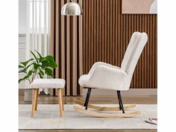 ModernLuxe Mecedora - sillón relax para salón - acolchado con felpa Teddy - con reposacabezas y reposapiés - base de madera - Blanco Online
