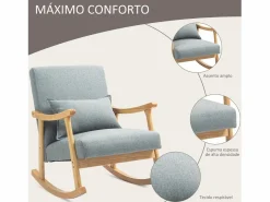 Homcom Sillón Balancín|Sillón Escandinavo|Mecedora Berta reposabrazos + cojín lumbar gris 84x65x87 cm