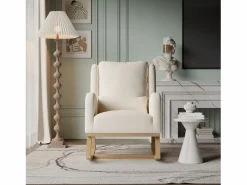 Sillón Balancín|Mecedora con base y respaldo de madera, Sillón relax para salón, Lino,