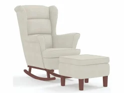 vidaxl Mecedora con respaldo alto de terciopelo y madera maciza Crema New