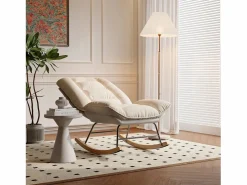 Sillón Balancín|Mecedora ergonómica con cojín beige y estructura gris, diseño moderno en tela/piel sintética.