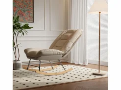 Sillón Balancín|Mecedora ergonómica con cojín beige y estructura gris, diseño moderno en tela/piel sintética.