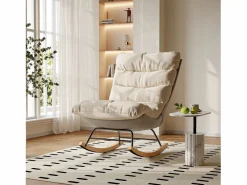 Sillón Balancín|Mecedora ergonómica con cojín beige y estructura gris, diseño moderno en tela/piel sintética.
