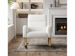 Mecedora, sillón relax, con bolsillos y patas de madera, terciopelo Teddy beige Blanco New