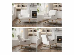 Mecedora, sillón relax, con bolsillos y patas de madera, terciopelo Teddy beige Blanco New