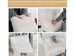 Mecedora, sillón relax, con bolsillos y patas de madera, terciopelo Teddy beige Blanco New