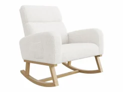 Mecedora, sillón relax, con bolsillos y patas de madera, terciopelo Teddy beige Blanco New