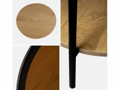 Mesa auxiliar redonda de cristal templado efecto madera y metal negro^Sweeek New