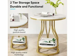 Mesa auxiliar redonda de dos niveles en oro , Mesa de noche moderna, Pequeña mesa auxiliar con estante de almacenamiento^Tribesigns New