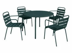 MYLIA Comedores De Jardín|Mesa comedor jardín metal una mesa D.110cm y 4 sillas apilables - Verde - MIRMANDE