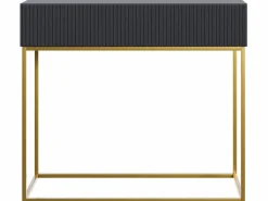 SELSEY Mesa consola con cajón - 90 cm - negra con patas de metal dorado - VELDIO Negro
