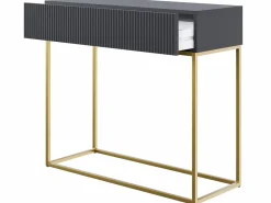 SELSEY Mesa consola con cajón - 90 cm - negra con patas de metal dorado - VELDIO Negro