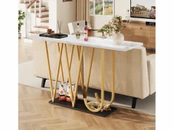 Hauss Spole Consola|Mesa consola con patas de metal dorado - Tapa efecto mármol 120 x 29,5 x 80 cm