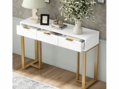 ModernLuxe Mesa consola moderna con 2 cajones y patas ajustables, blanco y dorado Blanco / Dorado Best