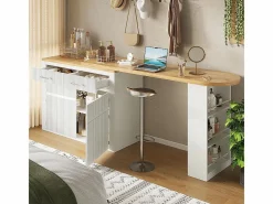 Mesa de bar extensible con espacio de almacenamiento, moderna, móvil, mesa de bar extensible con un cajón y dos estantes, blanca^KOMHTOM New