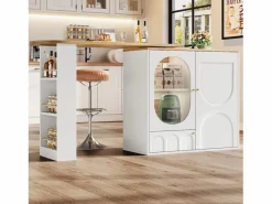 Mesa de bar giratoria con 3 puertas, isla de cocina con almacenaje - tablero extensible (138-204)x39x102 cm - Blanco Best