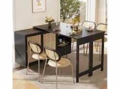 Mueble Bar|Mesa de bar giratoria con puerta de ratán y estante abierto - Mesa de comedor de madera - Negra - 107x40x71,4 cm