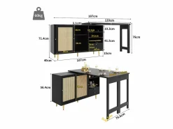 Mueble Bar|Mesa de bar giratoria con puerta de ratán y estante abierto - Mesa de comedor de madera - Negra - 107x40x71,4 cm