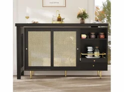 Mueble Bar|Mesa de bar giratoria con puerta de ratán y estante abierto - Mesa de comedor de madera - Negra - 107x40x71,4 cm