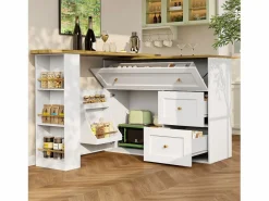 Mueble Bar|Mesa de bar giratoria con 1 puerta y 2 cajones, espacio de almacenamiento tipo buffet con tablero extensible (138-204)×39×105 cm -