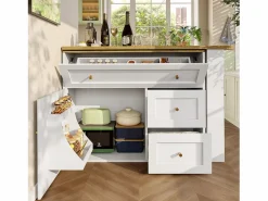 Mueble Bar|Mesa de bar giratoria con 1 puerta y 2 cajones, espacio de almacenamiento tipo buffet con tablero extensible (138-204)×39×105 cm -