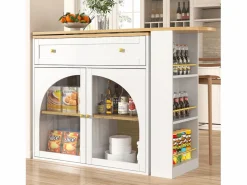 Mueble Bar|Mesa de bar giratoria con 2 puertas y 1 cajón Isla de cocina con tablero extensible (138-204)x39x104 cm - almacenaje abierto -
