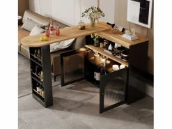Mesa de bar giratoria de madera con espacio de almacenamiento - Luz LED ajustable - Negra - 138/193 x 39 x 105 cm Negro Hot