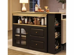 Mueble Bar|Mesa de bar giratoria de madera con 1 puerta de cristal y 2 cajones, aparador con almacenaje (138-204) x 39 x 104 cm -