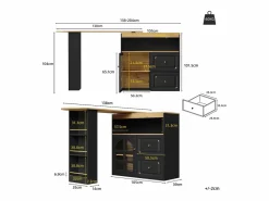Mueble Bar|Mesa de bar giratoria de madera con 1 puerta de cristal y 2 cajones, aparador con almacenaje (138-204) x 39 x 104 cm -