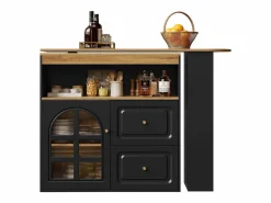 Mueble Bar|Mesa de bar giratoria de madera con 1 puerta de cristal y 2 cajones, aparador con almacenaje (138-204) x 39 x 104 cm -