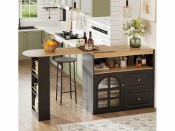 Mueble Bar|Mesa de bar giratoria de madera con 1 puerta de cristal y 2 cajones, aparador con almacenaje (138-204) x 39 x 104 cm -