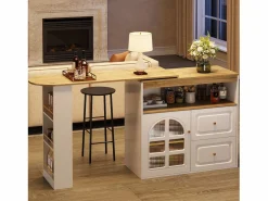 Mesa de bar giratoria de madera con 1 puerta de cristal y 2 cajones, aparador con almacenaje (138-204) x 39 x 104 cm - Blanco Online