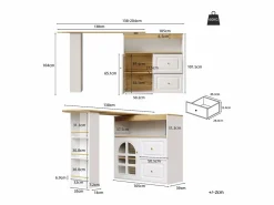 Mesa de bar giratoria de madera con 1 puerta de cristal y 2 cajones, aparador con almacenaje (138-204) x 39 x 104 cm - Blanco Online