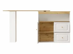 Mesa de bar giratoria de madera con 1 puerta de cristal y 2 cajones, aparador con almacenaje (138-204) x 39 x 104 cm - Blanco Online