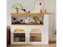 Mesa de bar giratoria de madera con espacio de almacenamiento - Luz LED ajustable - - 138/193 x 39 x 105 cm Blanco Sale