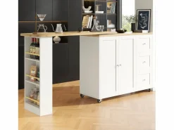Mueble Bar|Mesa de bar giratoria móvil 2 puertas y 3 cajones Isla de cocina con tablero extensible (135-203)x39x106 cm -