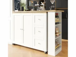 Mueble Bar|Mesa de bar giratoria móvil 2 puertas y 3 cajones Isla de cocina con tablero extensible (135-203)x39x106 cm -