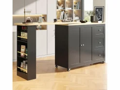 Mueble Bar|Mesa de bar giratoria móvil 2 puertas y 3 cajones Isla de cocina con tablero extensible (135-203)x39x106 cm -