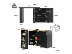 Mueble Bar|Mesa de bar giratoria móvil 2 puertas y 3 cajones Isla de cocina con tablero extensible (135-203)x39x106 cm -