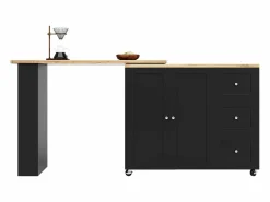 Mueble Bar|Mesa de bar giratoria móvil 2 puertas y 3 cajones Isla de cocina con tablero extensible (135-203)x39x106 cm -
