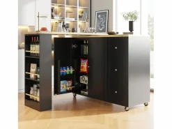 Mueble Bar|Mesa de bar giratoria móvil 2 puertas y 3 cajones Isla de cocina con tablero extensible (135-203)x39x106 cm -