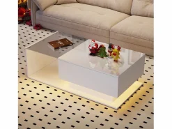 OKWISH Mesa De Centro|Mesa de centro blanca de 100 x 50 cm con LED, cajón y tablero de cristal - para salón y oficina