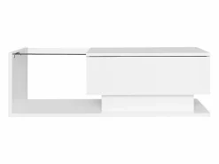 OKWISH Mesa De Centro|Mesa de centro blanca de 100 x 50 cm con LED, cajón y tablero de cristal - para salón y oficina