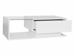 OKWISH Mesa De Centro|Mesa de centro blanca de 100 x 50 cm con LED, cajón y tablero de cristal - para salón y oficina